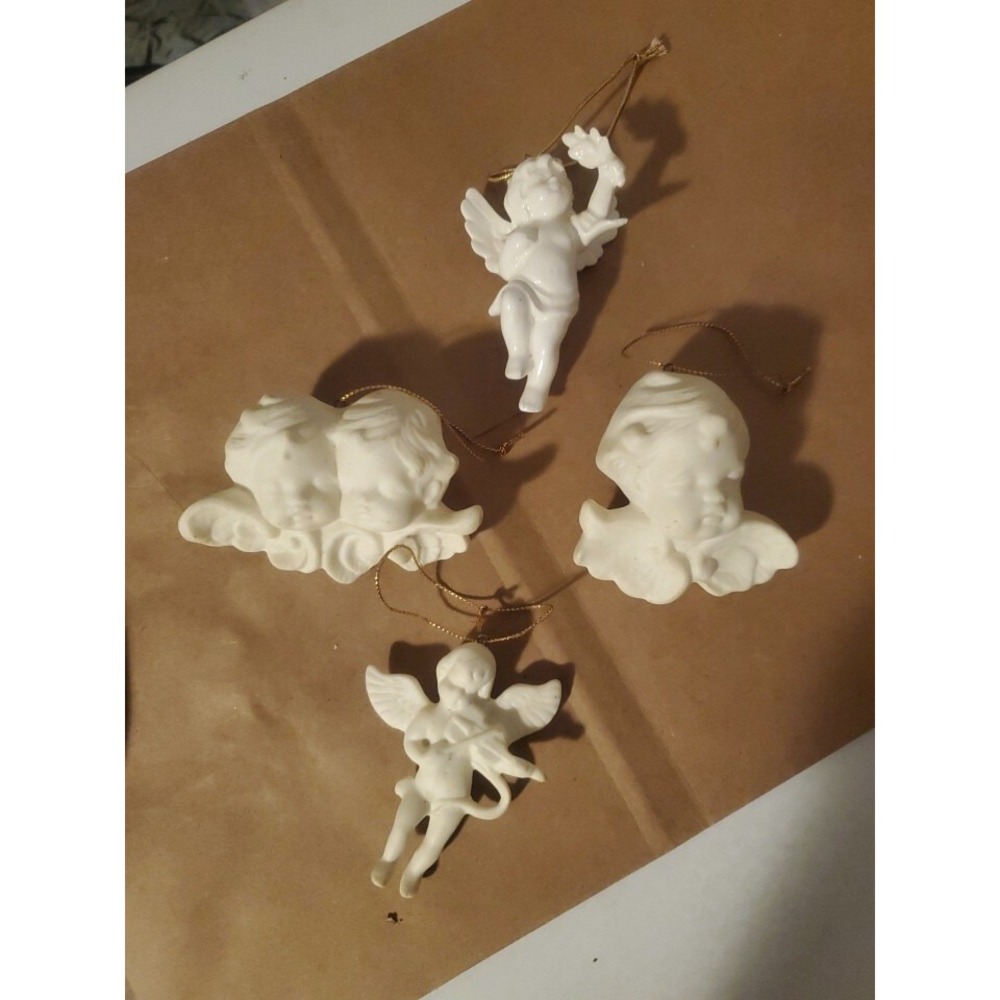 4 White Cherub Angels Christmas Ornaments Ceramic